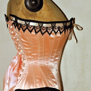 Show Stopping Peach & Black Handmade Victorian Steel Boned Overbust Corset with Black Venice Detail at Bust and Hip Custom Made Just for You image 1