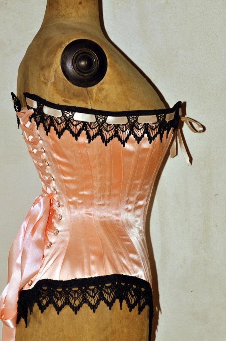 Show Stopping Peach & Black Handmade Victorian Steel Boned Overbust Corset with Black Venice Detail at Bust and Hip Custom Made Just for You image 1