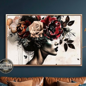 Lienzo enmarcado con cabeza de mujer con flores, arte de pared, retrato de mujer botánica oscura, impresión artística abstracta, decoración de pared moderna, póster grande listo para colgar