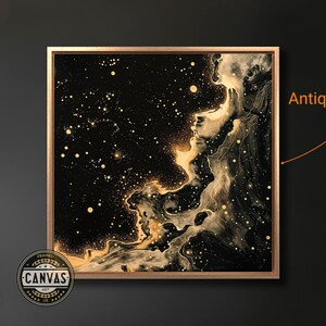 Impresión en lienzo con marco dorado y negro celestial, arte de pared abstracto con efecto mármol, póster cósmico en espiral, decoración espacial mística, listo para colgar