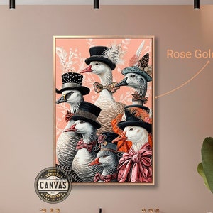 Impresión en lienzo enmarcada de gansos extravagantes con sombreros, estilo vintage, encantador lienzo de ganso, arte de pared, póster de pájaros victorianos, decoración elegante, listo para colgar