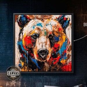Colorful Grizzly Bear Framed Canvas Print Abstract Bear Canvas Wall Art Vibrant Wildlife Painting Print Animal Decor Gift Idea Ready to Hang