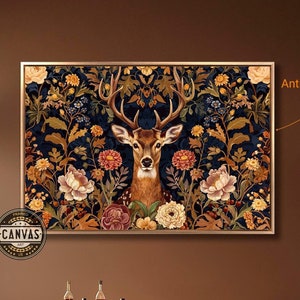 Impresión en lienzo con marco de ciervo, belleza abstracta, estampado floral vintage, lienzo para pared, póster con cabeza de animal, decoración rústica, idea de regalo, listo para colgar