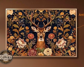 Deer Framed Canvas Print Abstract Stag Beauty Vintage Floral Pattern Canvas Wall Art Animal Head Poster Rustic Decor Gift Idea Ready to Hang