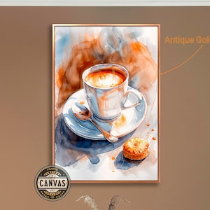 Cappuccino Cup Framed Canvas Print Coffee and Pastry Dessert Canvas Wall Art Watercolor Painting Print Warm Beverage Decor Ready to Hang