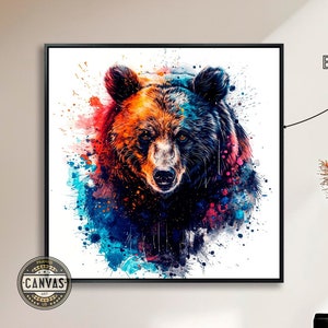 Colorful Bear Face Framed Canvas Print Abstract Grizzly Canvas Wall Art Wild Big Animal Watercolor Painting Print Beast Decor Ready to Hang