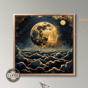 Full Moon and Stars Framed Canvas Print Moonlit Clouds Canvas Wall Art Gold Night Sky Painting Print Space Poster Square Decor Ready to Hang