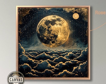 May include: A gold and blue canvas print of a moon with clouds in the background. The print is framed in a rose gold frame and is hanging on a wall above a dining table.