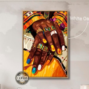 Beautiful Black Hands Framed Canvas Wall Art Colorful Nails of African Woman Painting Print Ethnic Fashion Large Wall Decor Ready to Hang