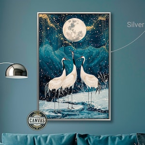 Impresión en lienzo enmarcada de grullas encantadas a la luz de la luna, lienzo de luna llena y cielo estrellado, arte de pared, póster de escena nocturna majestuosa, decoración de pájaros, listo para colgar