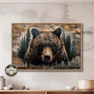 Forest Brown Bear Framed Canvas Print Woodland Animal Canvas Wall Art Grizzly Bear Painting Print Farmhouse Rustic Decor Ready to Hang
