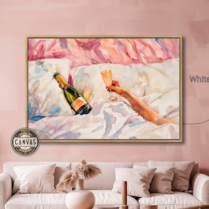 Bottle of Champagne in Bed Framed Canvas Wall Art Woman with a Glass in Bedstead Watercolor Painting Print Elegant Wall Decor Ready to Hang