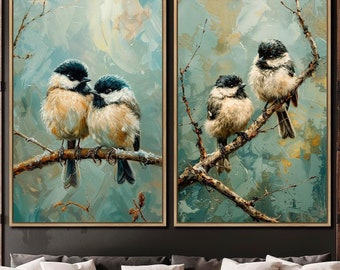 Chickadees Perched on Branch Set of 2 Framed Canvas Wall Art Bird Pair Painting Prints Serene Wildlife Wall Decor Avian Poster Ready to Hang