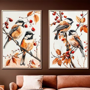 Juego de 2 impresiones en lienzo enmarcadas de Gentle Birds, carboneros en una rama, arte de pared en lienzo, pintura de vida silvestre aviar, decoración de otoño, lista para colgar