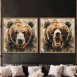Roaring and Powerful Grizzly Bear Framed Canvas Print Set of 2 Abstract Brown Animals Canvas Wall Art Wildlife Painting Print Ready to Hang