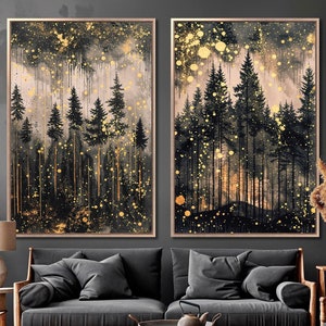Juego de 2 lienzos enmarcados con paisaje de bosque abstracto, arte de pared, pintura de cielo nocturno místico, decoración de pared mágica, póster vertical listo para colgar