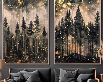 Abstract Forest Landscape Set of 2 Framed Canvas Wall Art Mystical Night Sky Painting Print Magical Wall Decor Vertical Poster Ready to Hang