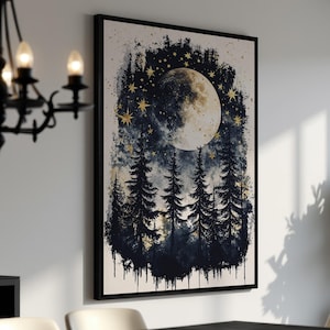 Moonlit Forest with Stars and Full Moon Framed Canvas Print, Mystical Night Sky Art, Dreamy Landscape Painting, Magical Decor, Ready to Hang