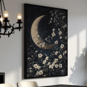 Floral Moonlit Night Framed Canvas Print, Starry Night Botanical Art - Romantic Decor, Moon Painting Wall Art - Ready to Hang Gift for Her