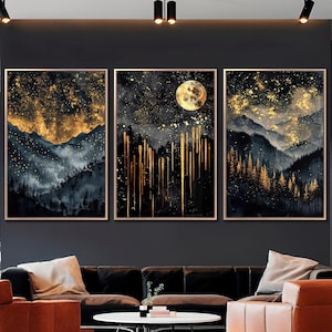 Juego de 3 lienzos con marcos de arte de pared abstractos con estrellas celestiales, pinturas de cielo nocturno en negro y dorado, decoración de pared con bosque de montaña, listos para colgar