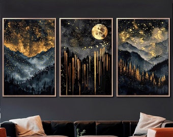 Abstract Starry Celestial Framed Canvas Wall Art Set of 3 Black and Gold Night Sky Painting Prints Mountain Forest Wall Decor Ready to Hang
