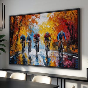 Ciclistas de otoño enmarcados en lienzo, arte de pared, pintura de ciclismo vibrante, impresión, decoración de pared deportiva, póster con tema de bicicleta, idea de regalo lista para colgar