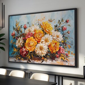Vibrant Floral Fusion Framed Canvas Print - Colorful Flower Bouquet Painting Print, Large Wall Art, Home Decor, Ready to Hang, Gift for Her