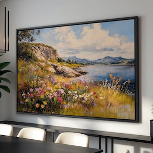 Tranquil Wildflower Lakeside View - Large Framed Canvas Print, Landscape Wall Art, Home Decor, Nature Painting, Ready to Hang, Gift for Mom