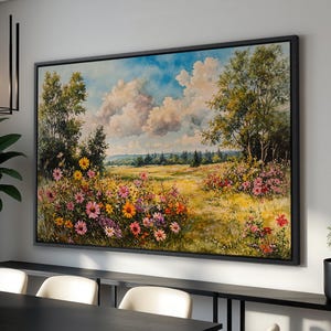 Vibrant Countryside Floral Scene - Framed Canvas Print, Large Landscape Painting, Wildflower Canvas Art, Gift for Mom, Living Room Decor