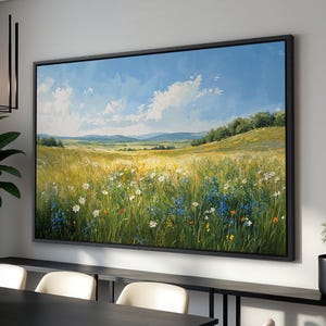 Serene Countryside with Wildflowers - Framed Canvas Print, Landscape Wall Art, Tranquil Nature Scene Print, Ready to Hang, Scenic Wall Decor