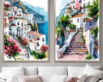 Italian Village Lane set of 2 Framed Canvas Wall Art Amalfi Cityscape Painting Prints Large Mediterranean Coastal Wall Decor Ready to Hang