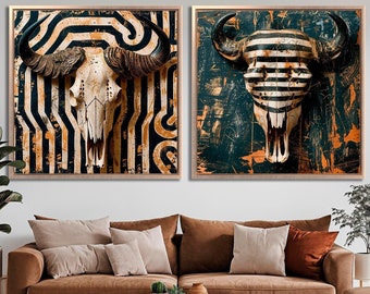 Horned Animal Skulls Set of 2 Framed Canvas Wall Art Bull and Buffalo Skull Art Prints Rustic Trible Wall Decor Square Posters Ready to Hang
