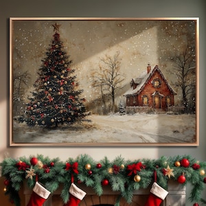 Christmas Tree Framed Canvas Print Festive Cottage Canvas Wall Art Winter Landscape Painting Print Holiday Rustic Decor Gift Ready to Hang