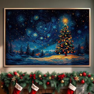 Christmas Tree with Star Framed Canvas Print Winter Starry Night Canvas Wall Art Swirling Sky Painting Print Fantasy Decor Ready to Hang