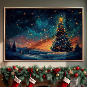 Christmas Tree with Star Framed Canvas Print Magic Starry Night Canvas Wall Art Festive Decor Winter Landscape Painting Print Ready to Hang
