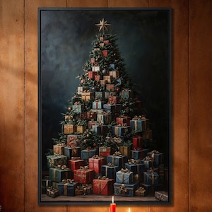 Christmas Tree Gifts Framed Canvas Print Festive Presents Canvas Wall Art Xmas Star Painting Print Holiday Pine Twigs Decor Ready to Hang