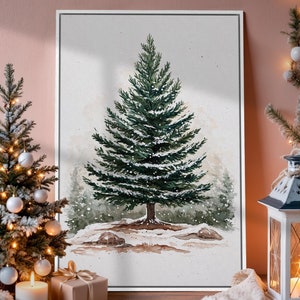 Snowy Pine Tree Framed Canvas Print Festive Winter Canvas Wall Art Christmas Tree Watercolor Painting Print Rustic Decor Gift Ready to Hang