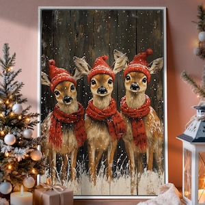 Playful Reindeers Framed Canvas Print Christmas Little Deer Canvas Wall Art Cute Animal Painting Print Holiday Decor Xmas Gift Ready to Hang