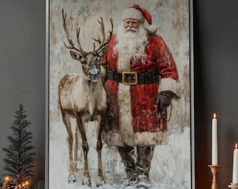 Santa with Reindeer Framed Canvas Print Christmas Santa Claus Canvas Wall Art Festive Deer Painting Print Holiday Winter Decor Ready to Hang
