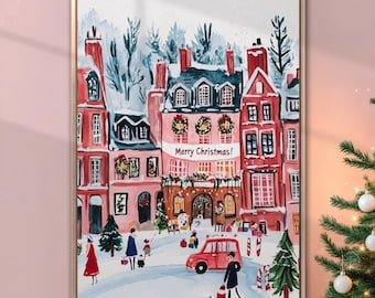 Festive Christmas Town Framed Canvas Print Snowy Cityscape Canvas Wall Art Holiday Season Painting Print Merry Christmas Decor Ready to Hang