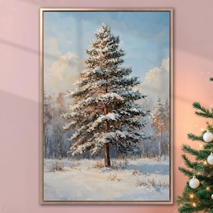 Snowy Pine Tree Framed Canvas Print Winter Landscape Canvas Wall Art Christmas Tree Painting Print Rustic Festive Decor Gift Ready to Hang