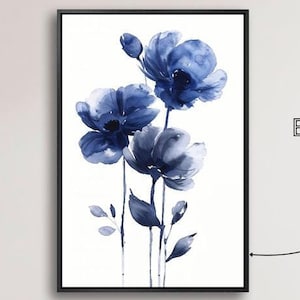 Blue Flowers Framed Canvas Wall Art Minimalist Floral Watercolor Painting Print Contemporary Wall Decor Botanical Gift Idea Ready to Hang