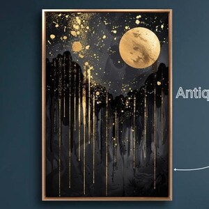 Lienzo enmarcado con paisaje abstracto iluminado por la luna, arte de pared con luna llena en el cielo nocturno, pintura impresa, decoración de pared celestial, obra de arte vertical lista para colgar