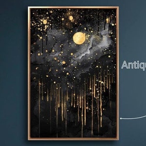 Lienzo enmarcado abstracto con noche iluminada por la luna, arte de pared, pintura de cielo estrellado cósmico, decoración de pared celestial, póster vertical de estrellas doradas listo para colgar