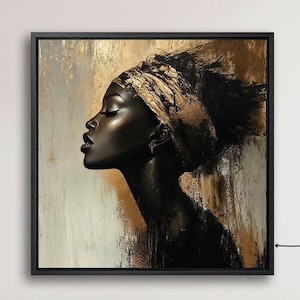 Ethnic Black Woman Framed Canvas Print Fashion Girl Canvas Wall Art Beautiful Face Painting Print Gold Accent Luxury Decor Ready to Hang