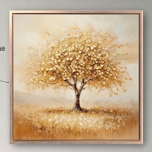 Impresión en lienzo de lujo con marco de árbol de la vida solitario, arte de pared con flores doradas, pintura de naturaleza otoñal, decoración simbólica, lista para colgar