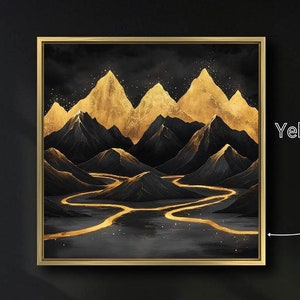 Lienzo enmarcado con paisaje de montaña de oro negro, impresión en lienzo de ríos dorados, arte de pared, pintura de cielo estrellado, impresión gótica, decoración de lujo lista para colgar
