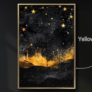 Lienzo enmarcado con cielo nocturno y estrellas doradas, arte de pared abstracto, pintura de cielos negros y dorados, gran paisaje nocturno, decoración de pared lista para colgar