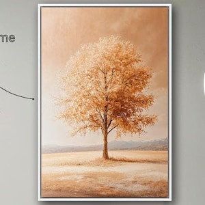 Impresión en lienzo de lujo con marco de árbol solitario en el campo, lienzo dorado para pared, pintura de temporada, decoración de paisaje otoñal, lista para colgar