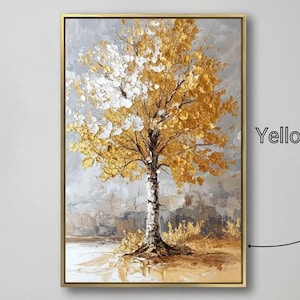 Lienzo con marco de lujo con árbol dorado y blanco, impresión de paisaje abstracto, arte de pared, pintura de hojas doradas, decoración de la naturaleza, listo para colgar